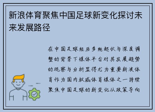 新浪体育聚焦中国足球新变化探讨未来发展路径 新浪体育聚焦中国足球新变化探讨未来发展路径